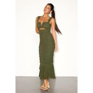 Lulus Aelara Olive Mesh Ruched Trumpet Midi Dress Green - Size XL
